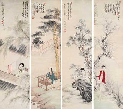 胡三桥 辛巳(1881年)作 仕女 四屏轴